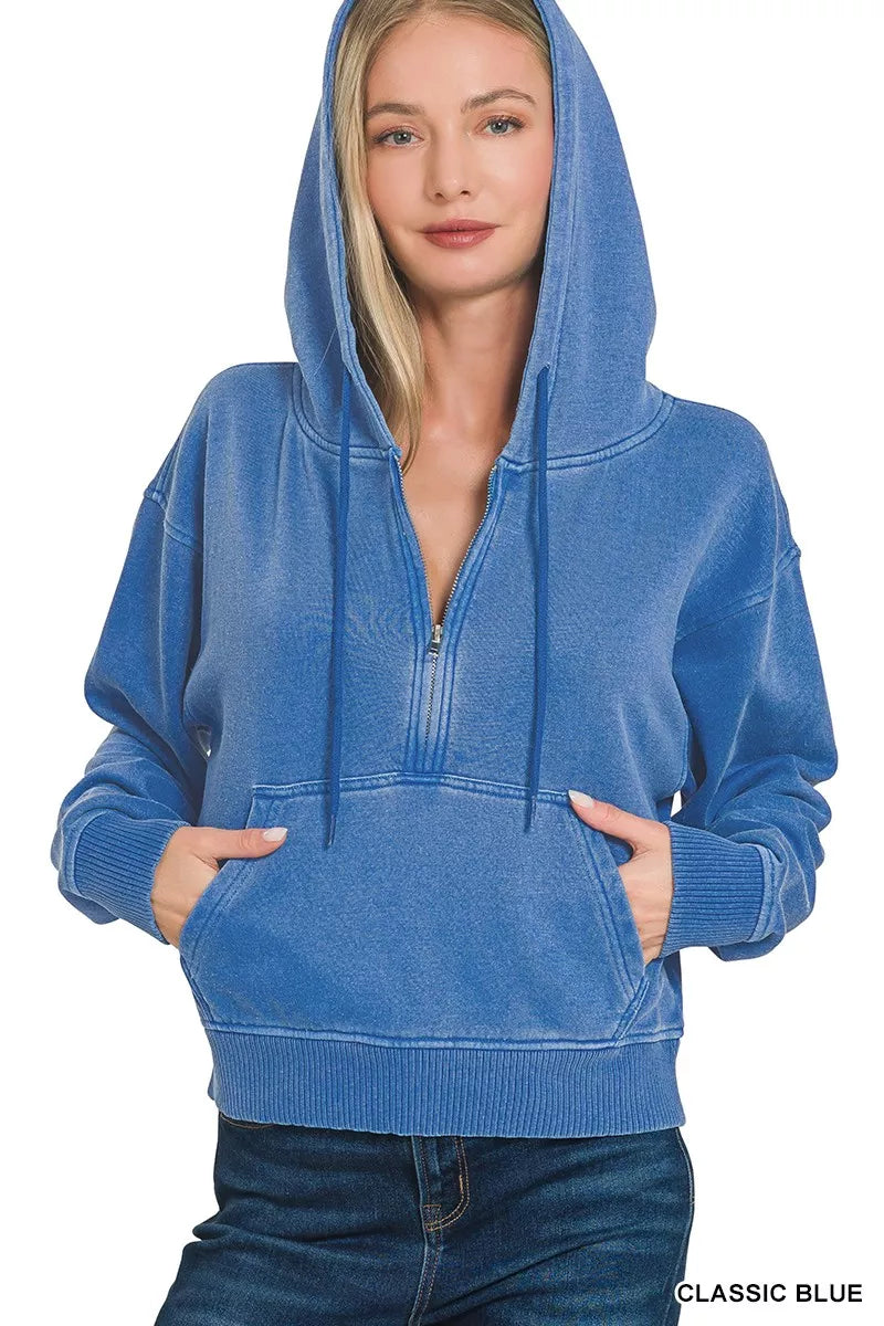Zenana Fleece Pigment Dye Half Zip Kangaroo Pocket Hoodie CLASSIC BLUE