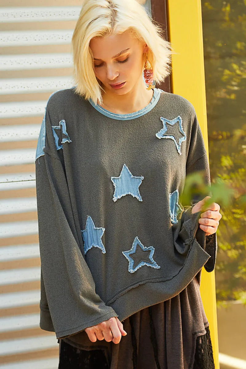 POL Charcoal Exposed Seam Relaxed Fit Sweater with Star Denim Patches