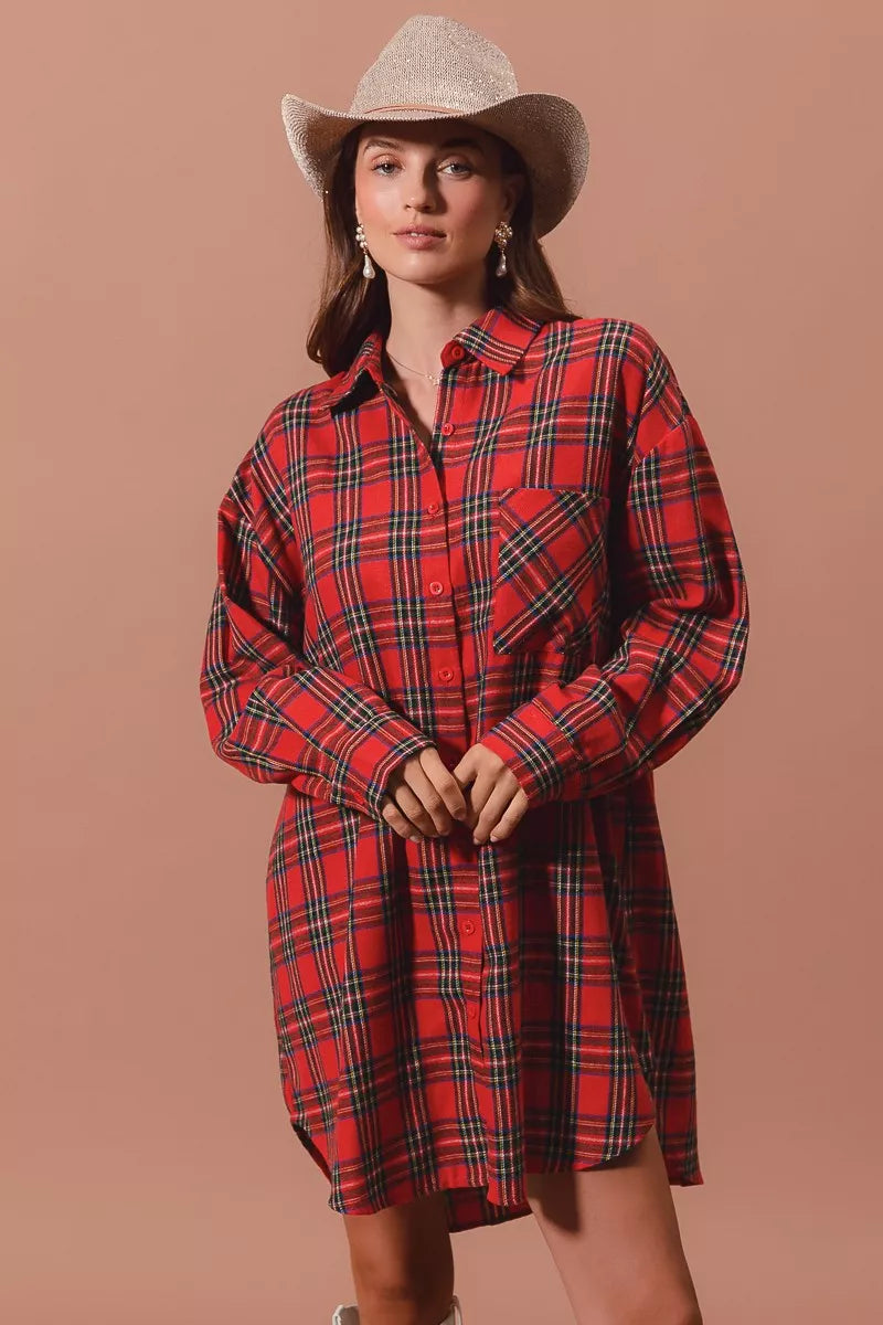 SO ME Christmas Checker Plaid Button Up Shirt Dress – Red Multi