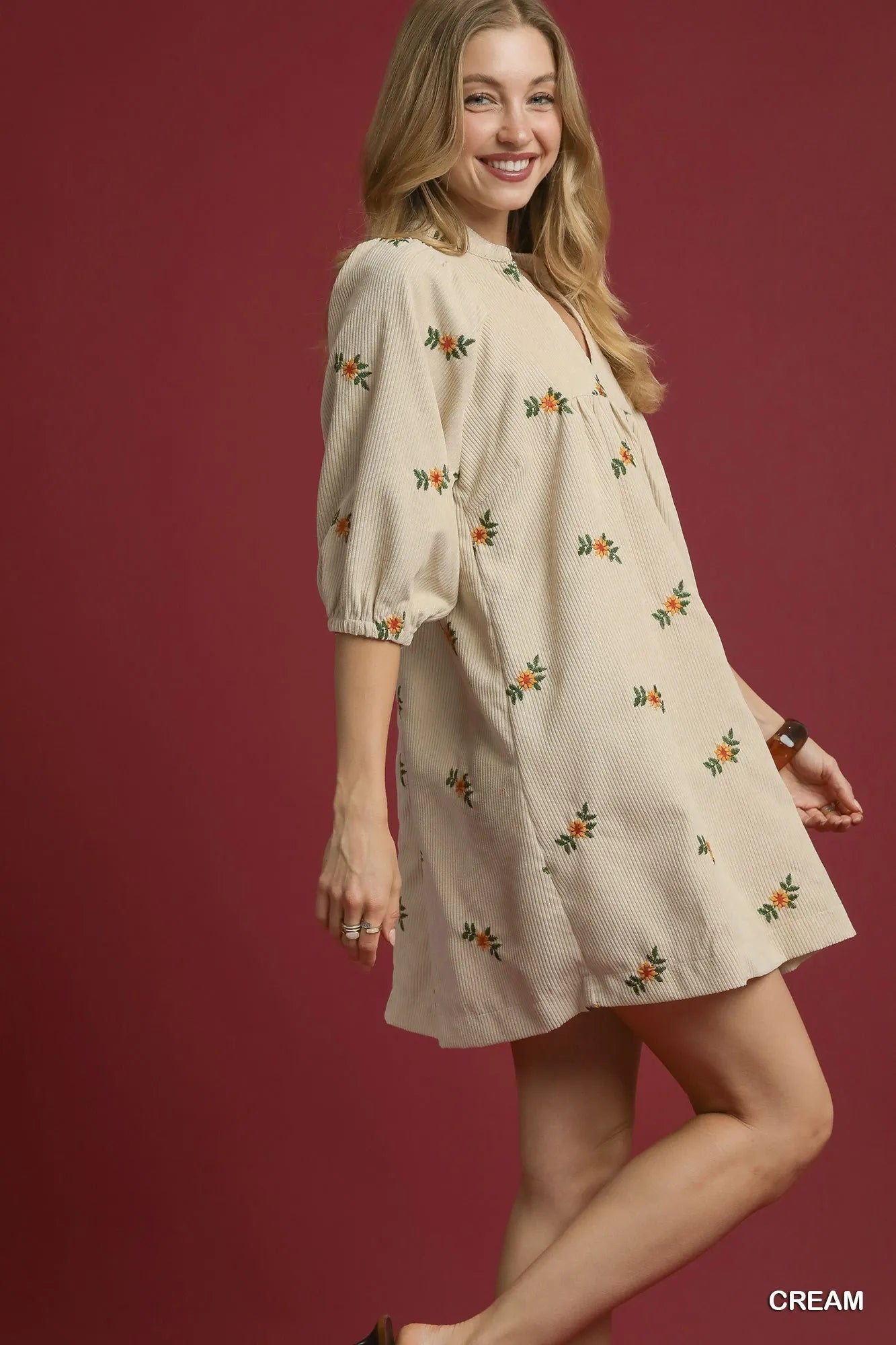 Umgee Cream Corduroy Babydoll Dress with Floral Embroidery