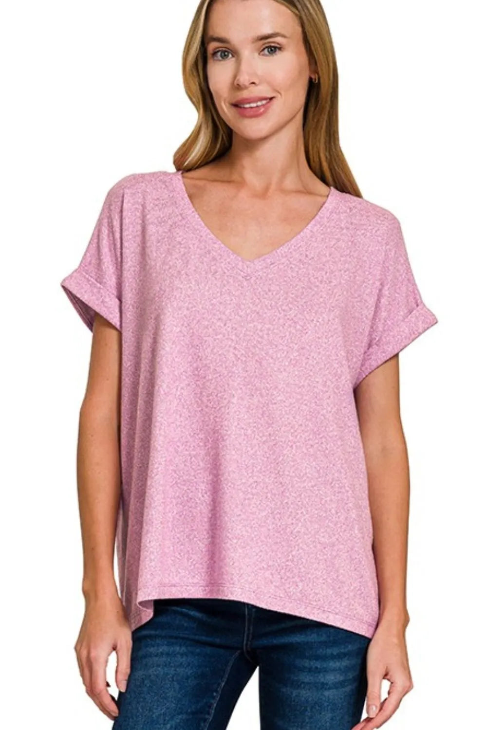 Zenana Bright Mauve Soft Melange Hacci V-neck Tee