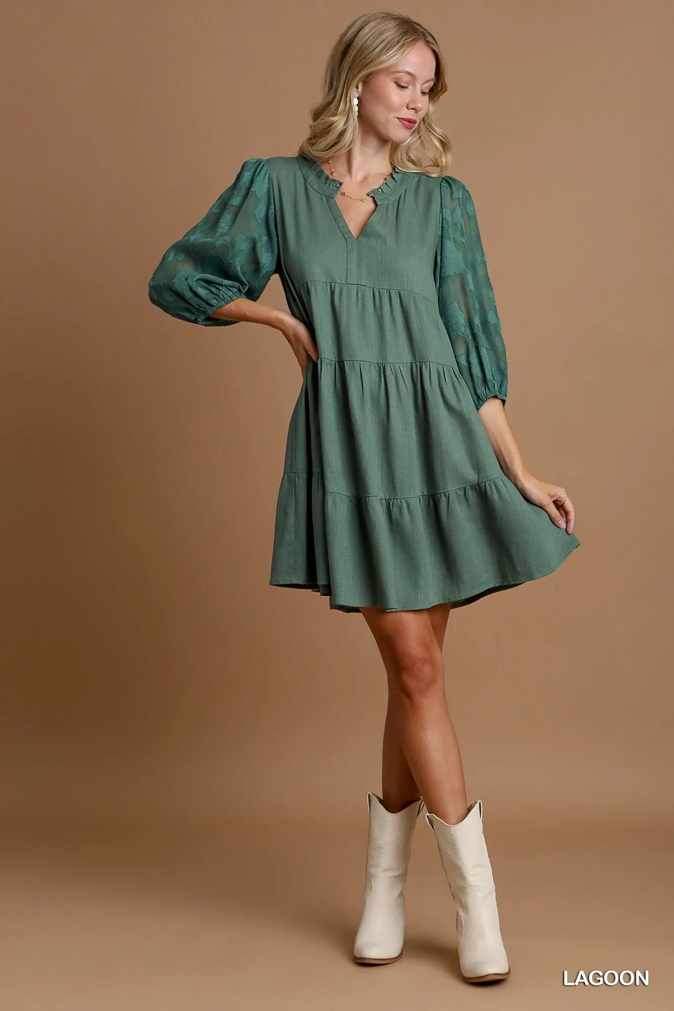 Umgee Lagoon Floral Contrast Sleeve Tiered Dress