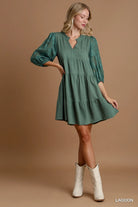 Umgee Lagoon Floral Contrast Sleeve Tiered Dress