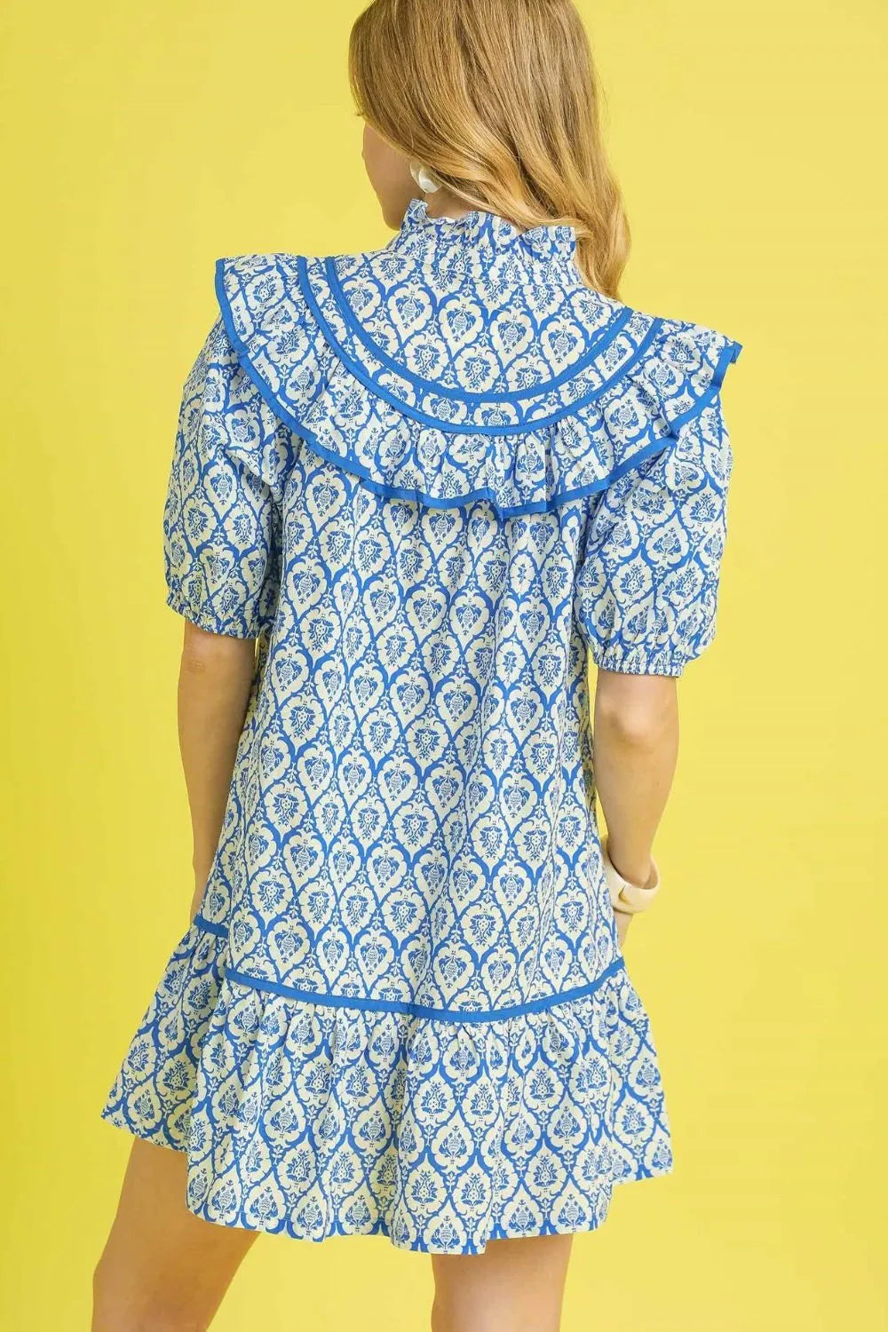 Umgee Abstract Printed Ruffled Trim Puff Sleeve Mini Dress