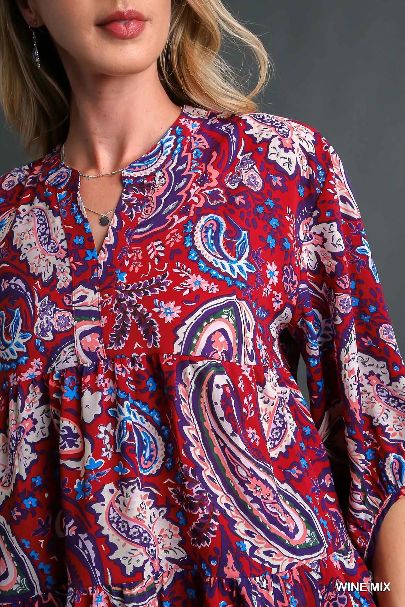 Umgee Wine Mix Paisley Boho Tunic Blouse