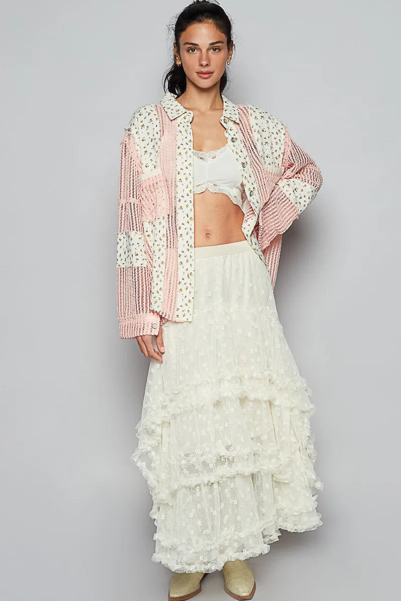 POL Floral Crochet Patchwork Long Sleeve Shirt