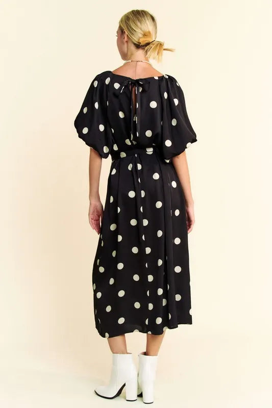 Davi & Dani Black Polka Dot Puff Sleeves Waist Tie Midi Dress