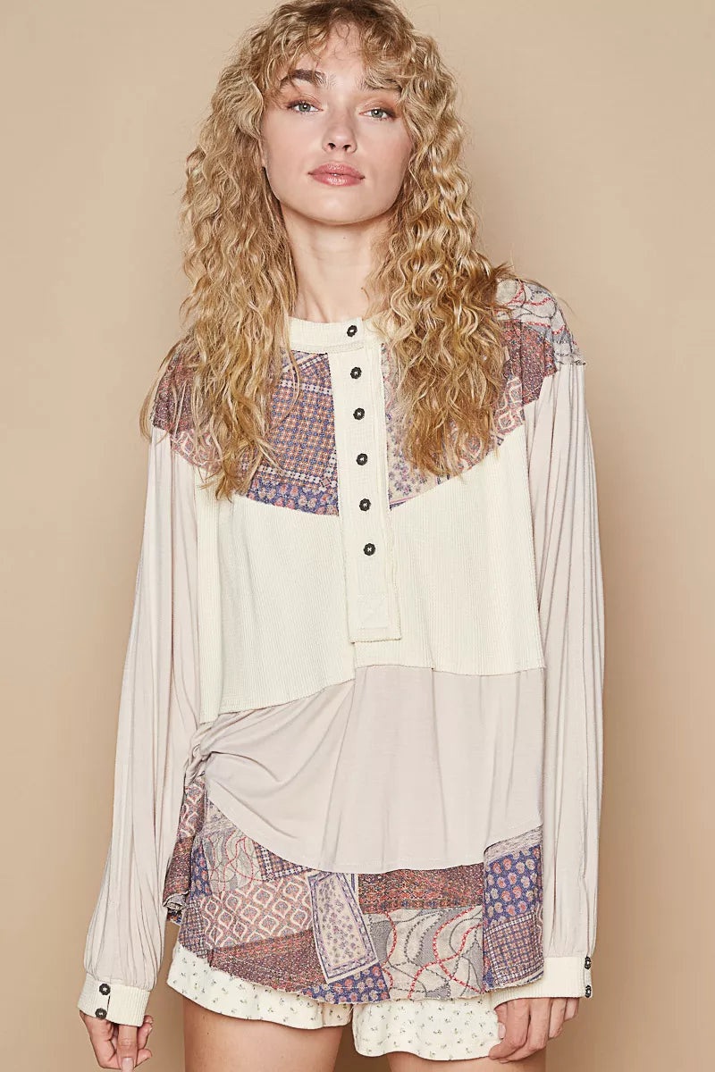 POL Oatmeal Half Button Balloon Sleeve Top with Printed Knit Contrast OATMEAL