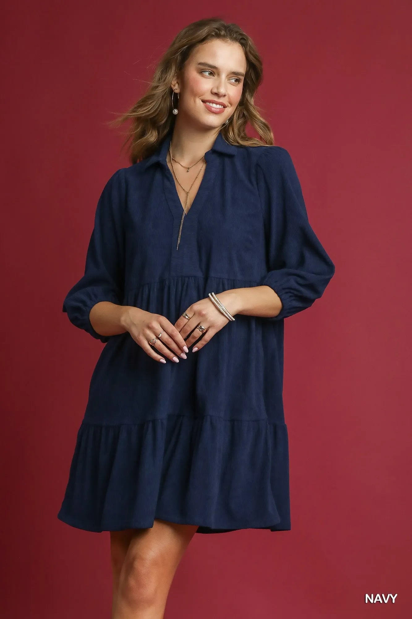 Umgee Navy Tiered Corduroy Mini Dress with Balloon Sleeves Navy