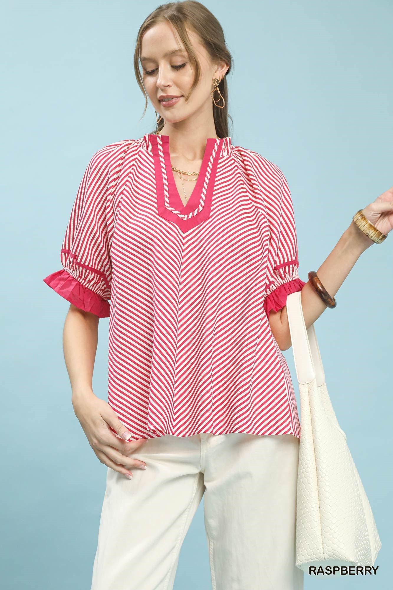 Umgee Raspberry Stripe Ruffle Sleeve Split-Neck Blouse RASPBERRY