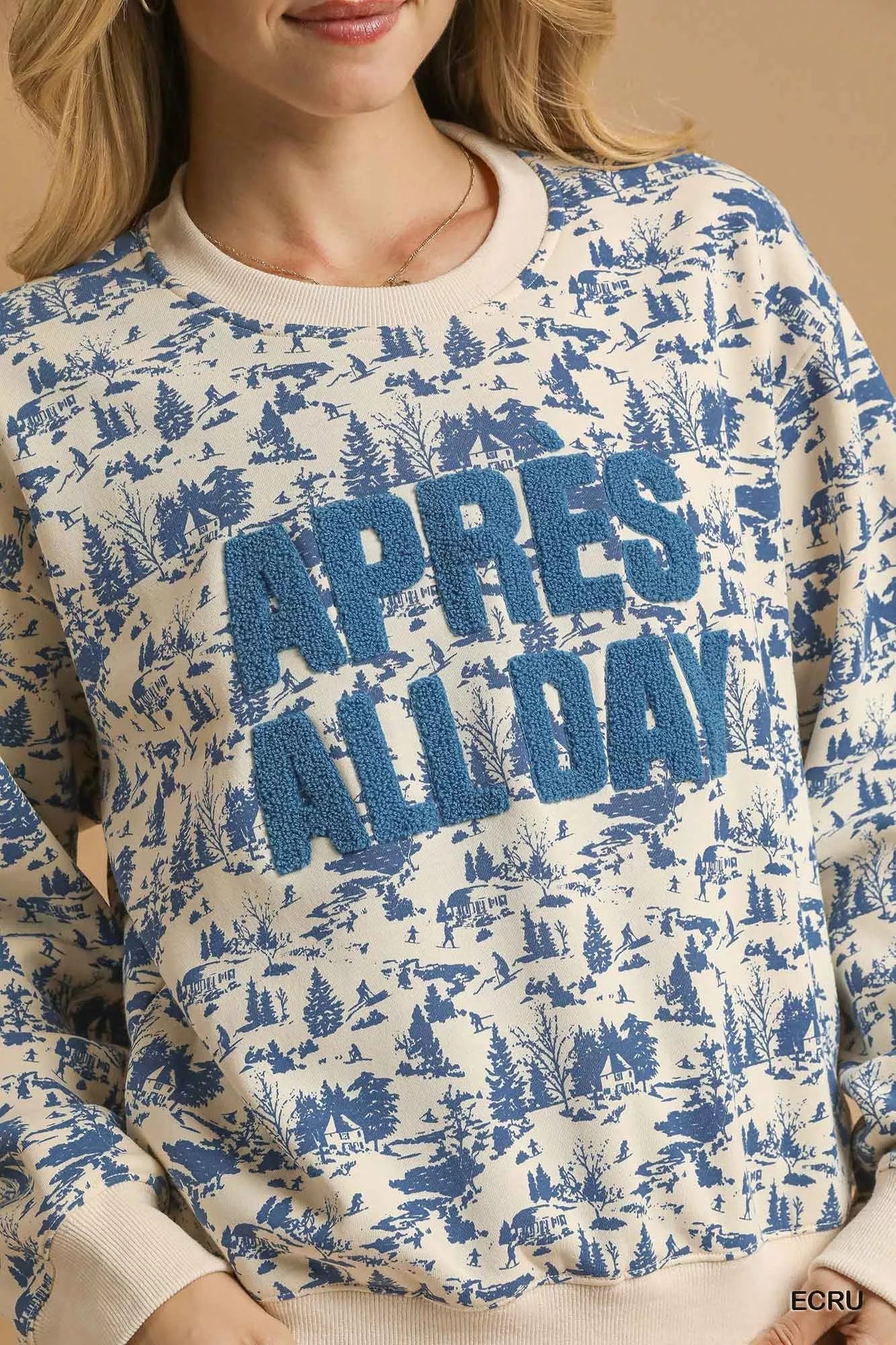 Umgee Ecru Scenic Print "Après All Day" Cropped Sweatshirt