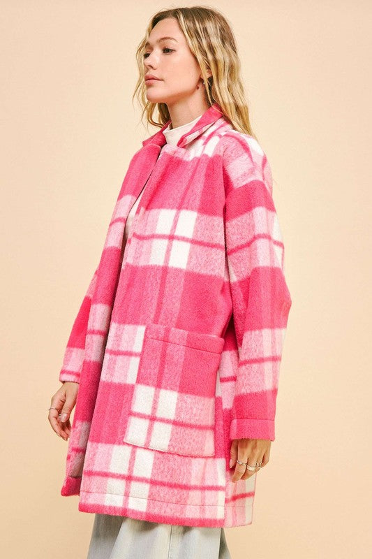 Davi & Dani Hot Pink Checker Plaid Open Front Drop Shoulder Longline Coat Coats & Jackets