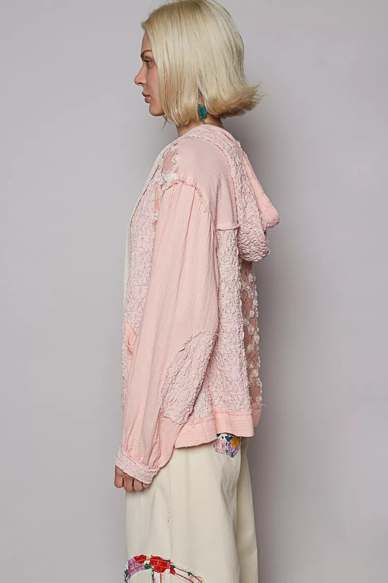 POL Powder Pink Exposed Seam Button Down Hooded Jacket with Lace Detail