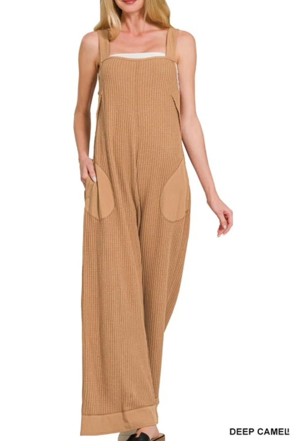Zenana Deep Camel Knit Waffle Wide Leg Overalls