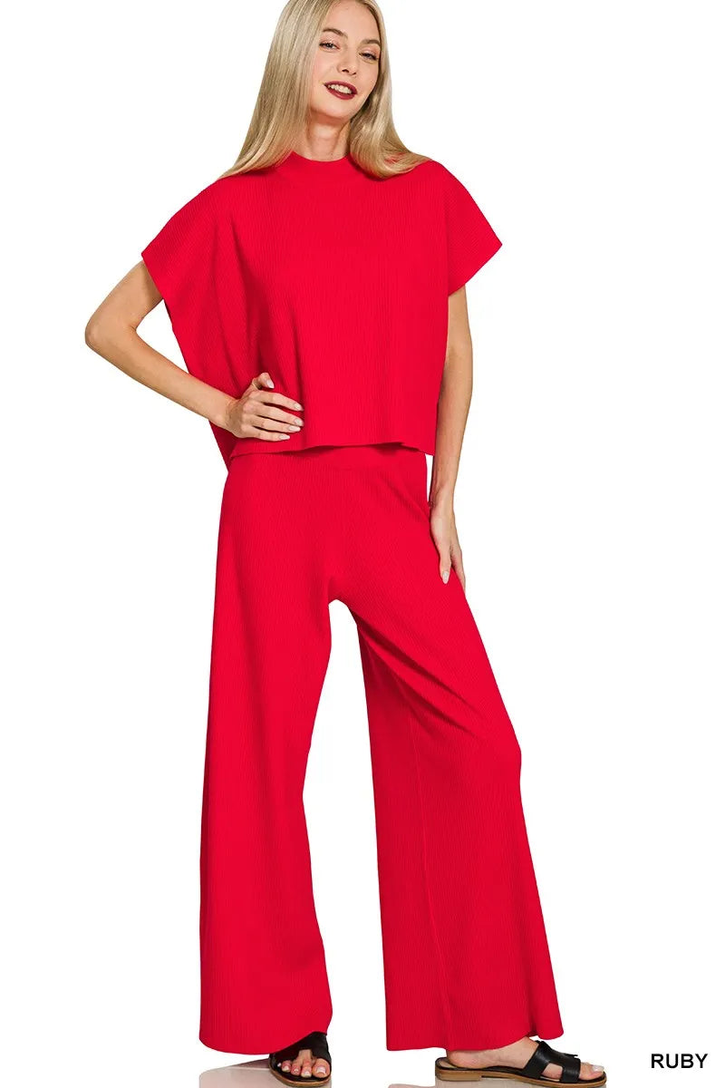 Zenana Ruby Viscose Sweater Short Sleeve Top and Pants Set