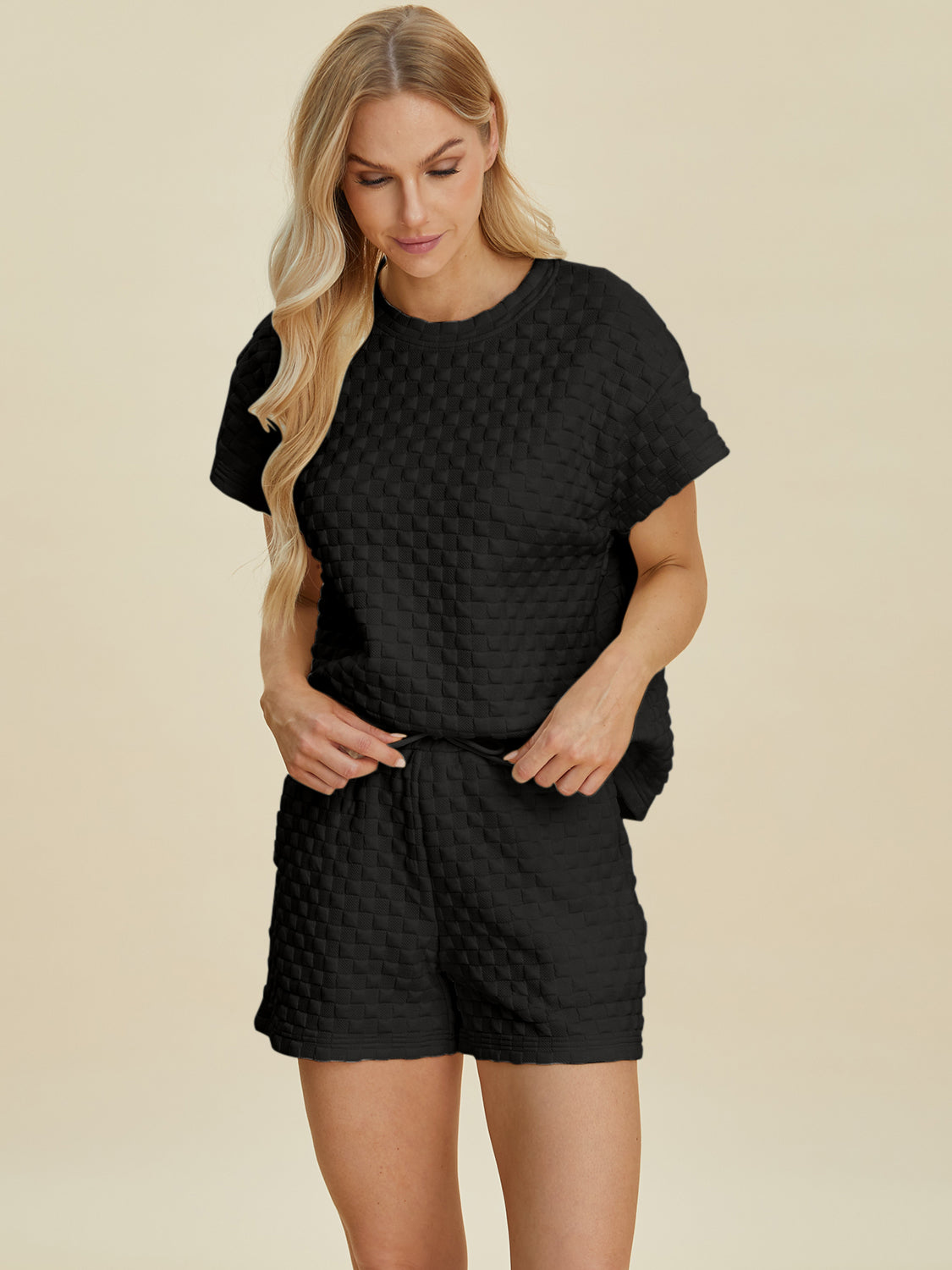 Double Take Textured T-Shirt and Shorts Set Black Outfits