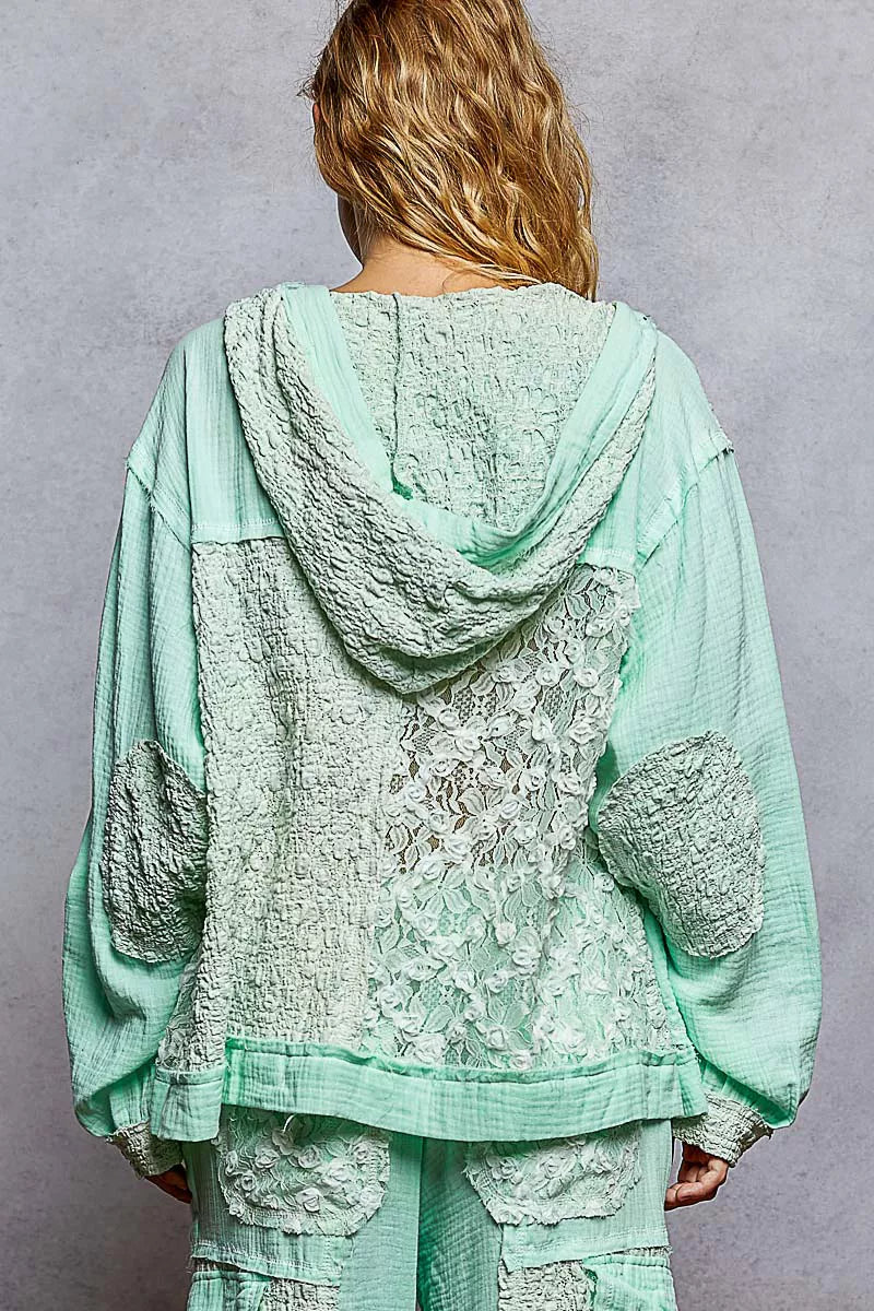 POL Pale Mint Exposed Seam Button Down Hooded Jacket with Lace Detail