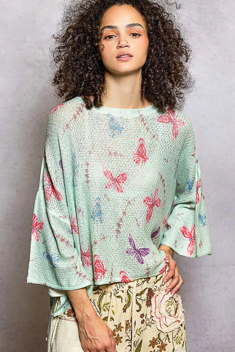 POL Apple Mint Butterflies Pattern Round Neck knit Top with Outseam Rolling Edge