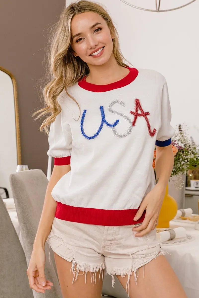 BiBi White USA Metallic Letter Color Block Light Weight Knit Top WHITE RED
