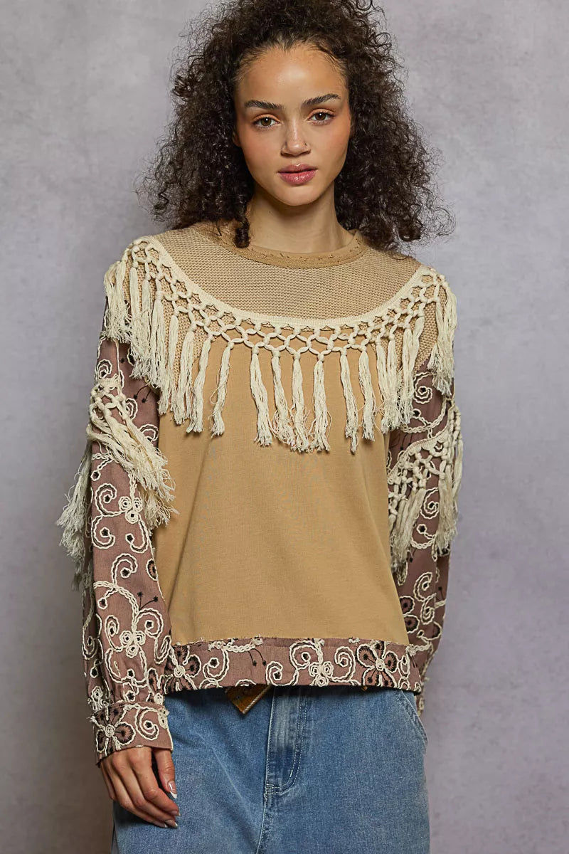 POL Mocha Cafe Contrast Floral Embroidery Balloon Sleeve Top with Tassel Trim