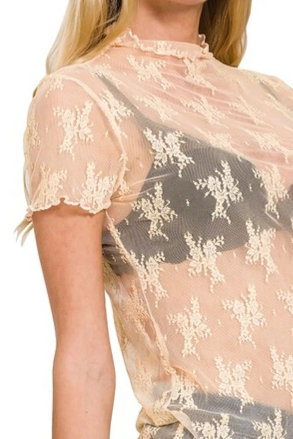 Zenana Nude Lace See-through Layering Short Sleeve Top