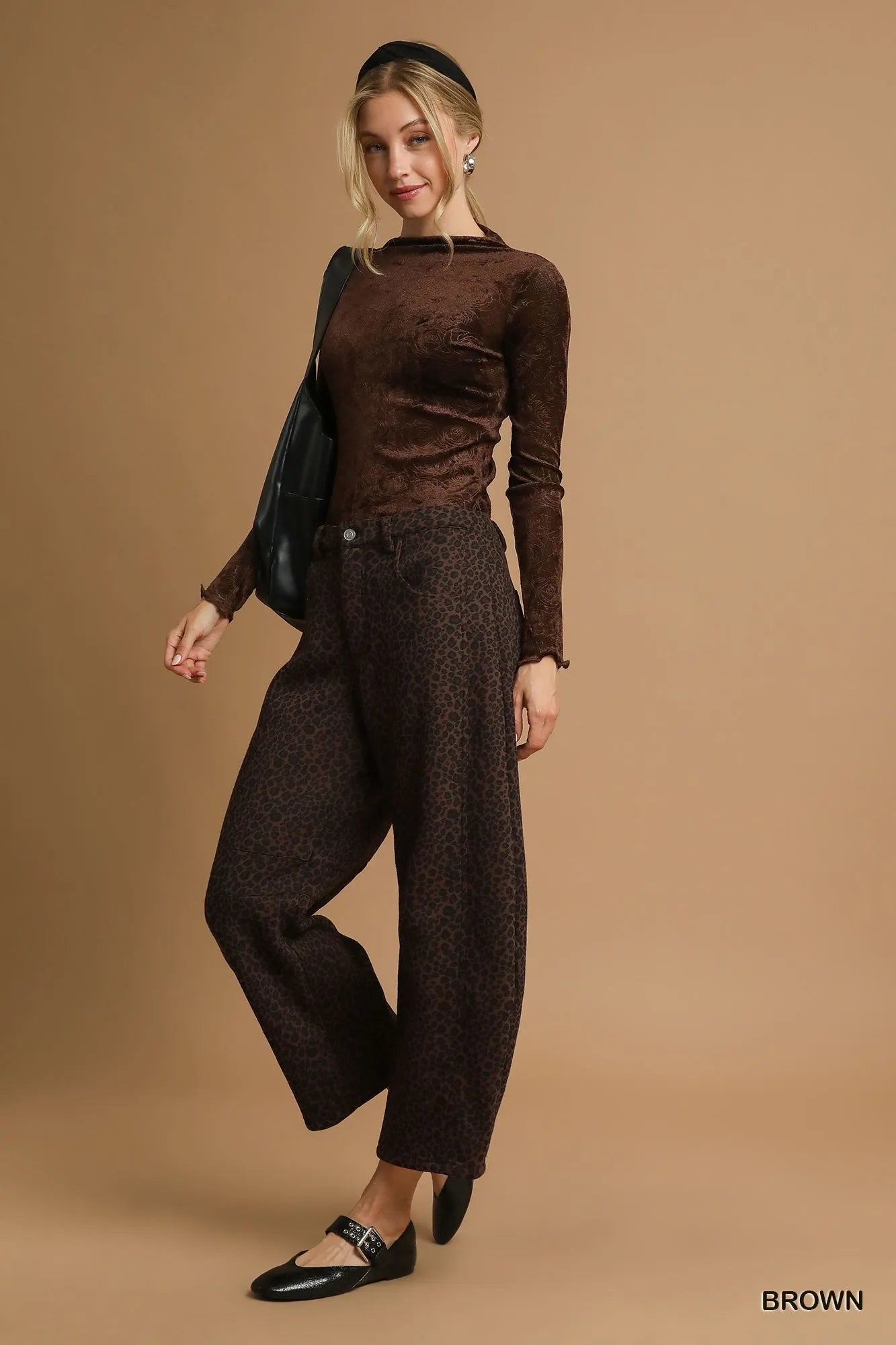 Umgee Leopard Print Non-Stretch Wide Leg Pants Brown
