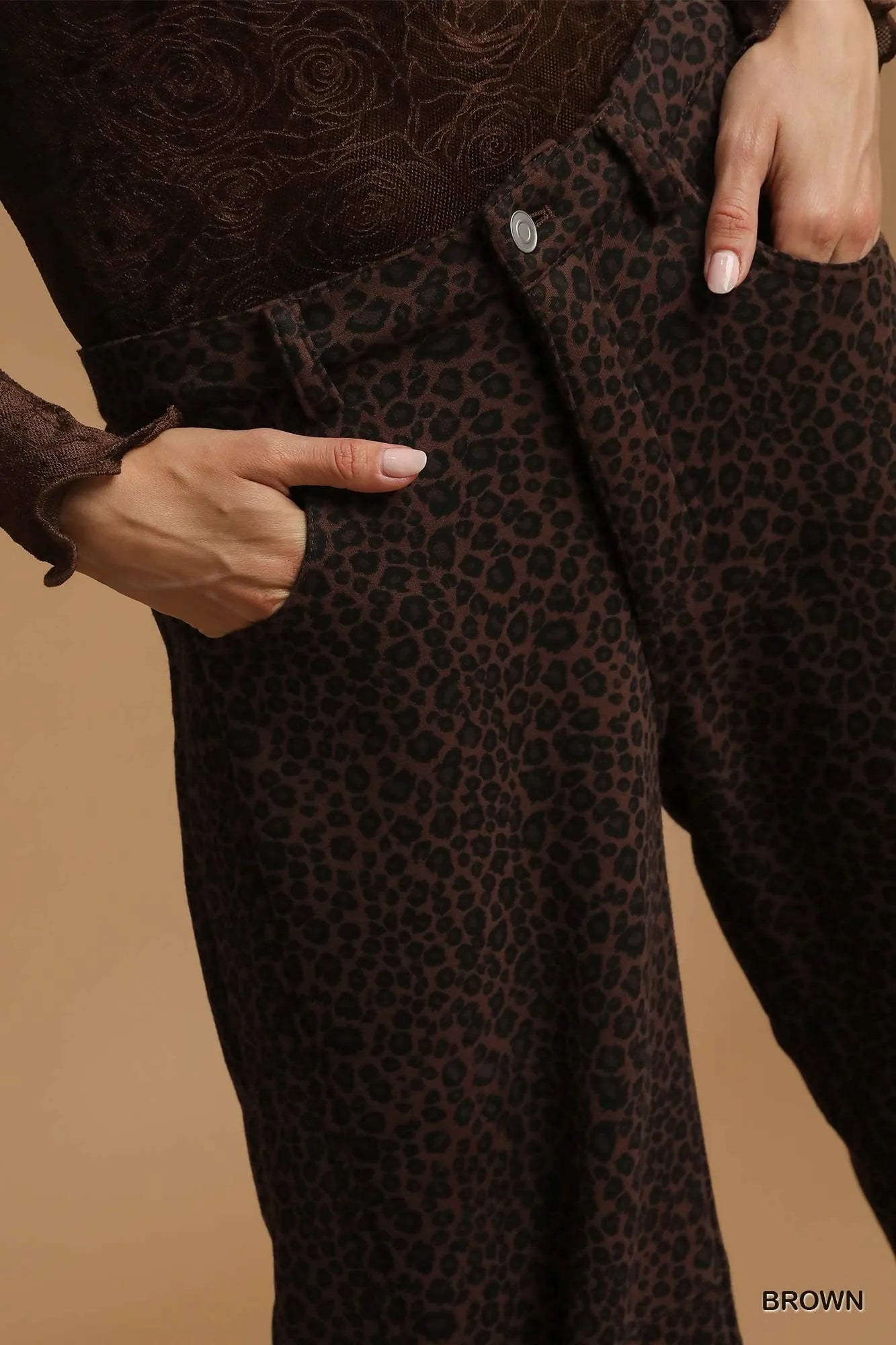 Umgee Leopard Print Non-Stretch Wide Leg Pants