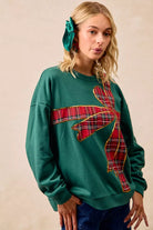 BiBi Plaid Ribbon Bow Detail Christmas Fleece Pullover – Green/Red Plaid