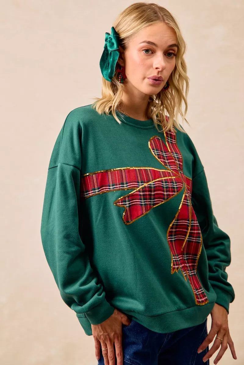 BiBi Plaid Ribbon Bow Detail Christmas Fleece Pullover – Green/Red Plaid