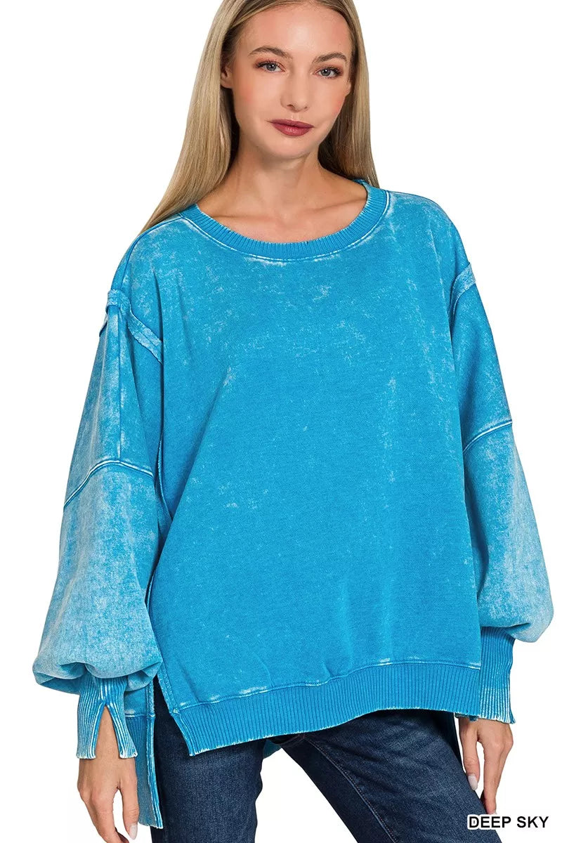 Zenana Deep Sky Acid Washed Batwing Sleeve Fleece Sweatshirt DEEP SKY