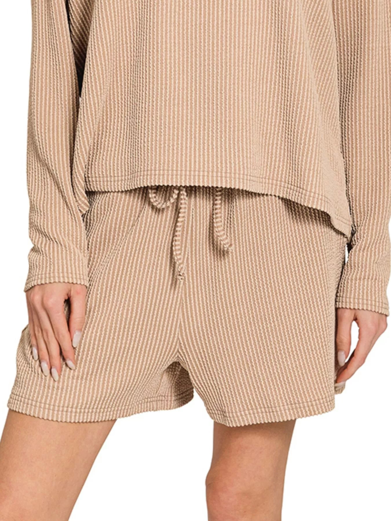 Zenana Light Mocha Corded Rib Long Sleeve Tee and Shorts Set