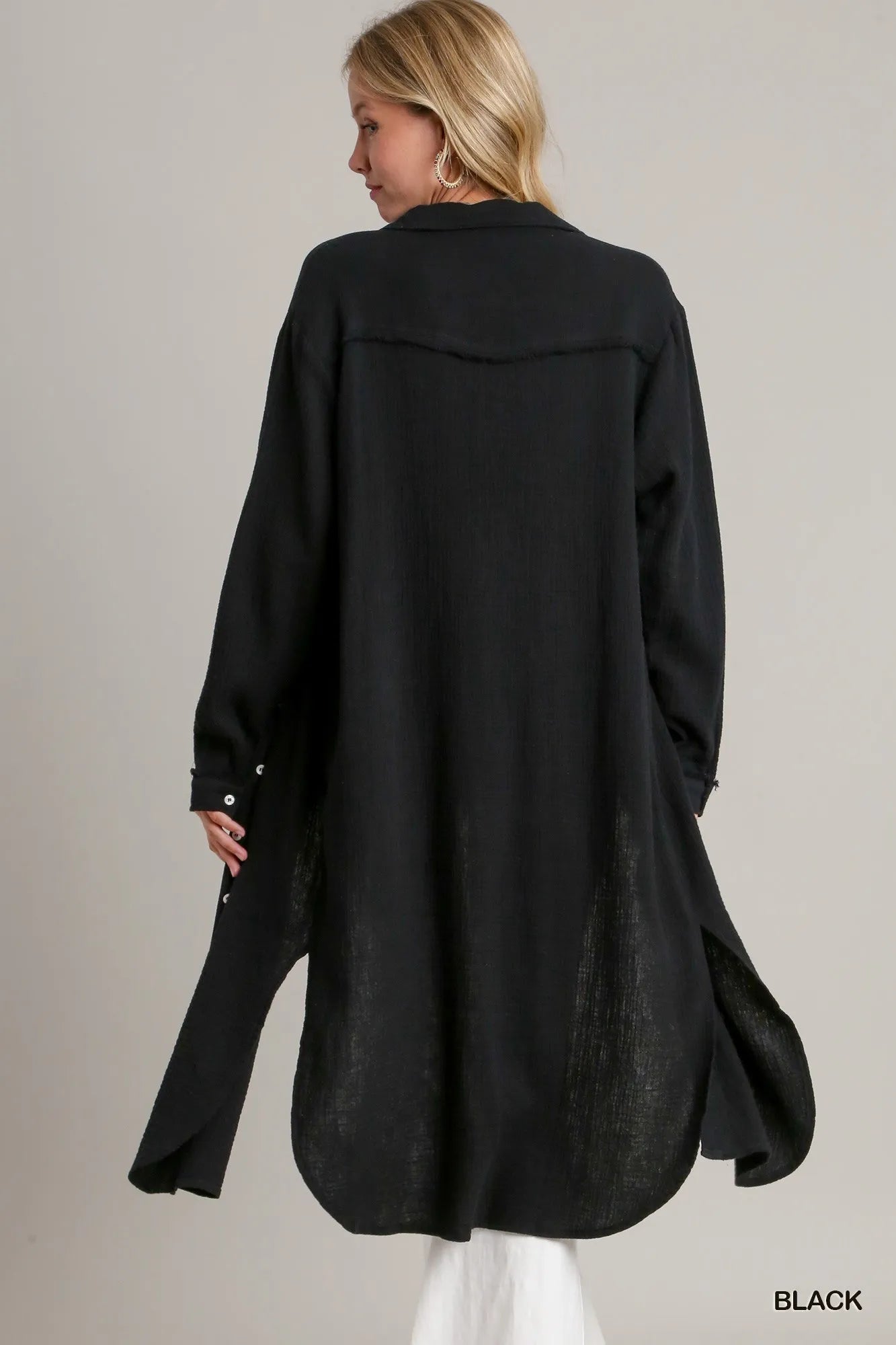 Umgee Black Cotton Gauze Button Down Shirt Dress