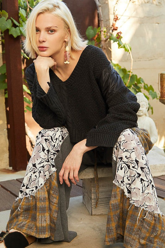 POL Black Twist Knit Quilting Patch V-Neck Sweater