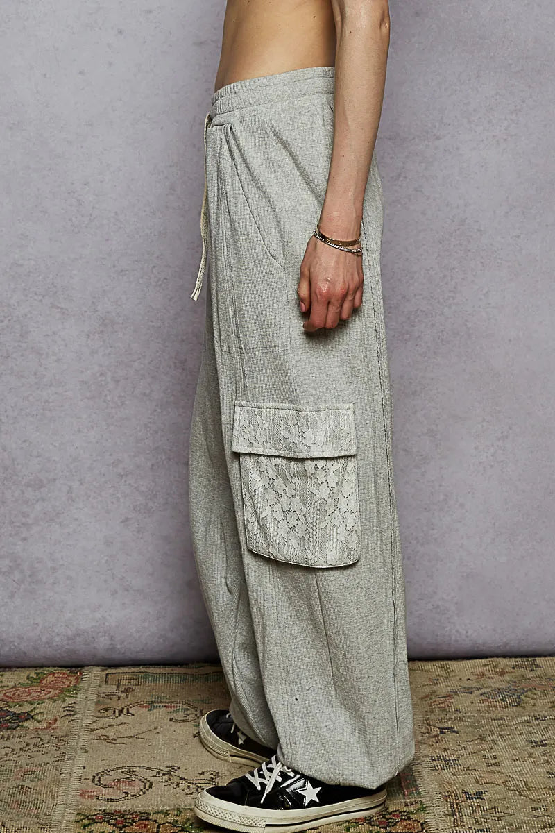 POL Heather Gray Contrast Lace Overlay Pocket Patch Thermal Knit Joggers