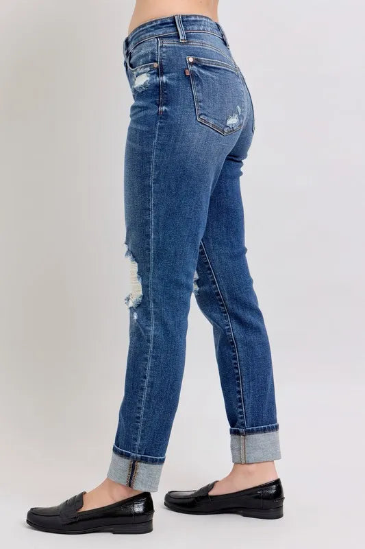 Judy Blue Dark Washed Midi Rise Boyfriend Destroyed Jeans with Yoke Pockets and Faux Selvedge Cuff