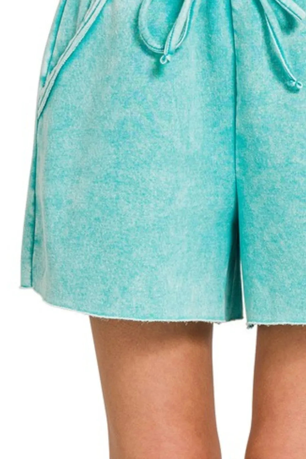 Zenana Turquoise Acid Wash Fleece Drawstring Shorts With Pockets