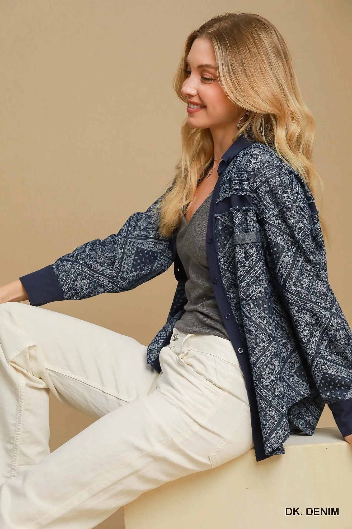 Umgee Dark Denim Paisley Print Denim Shirt Jacket