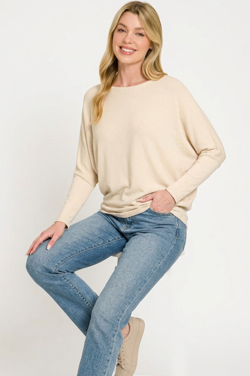 Zenana Sand Beige Hacci Dolman Sleeve Boat Neck Top