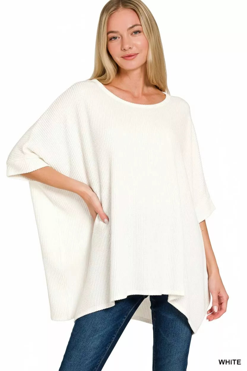 Zenana White Raised Rib Bat Sleeve Top