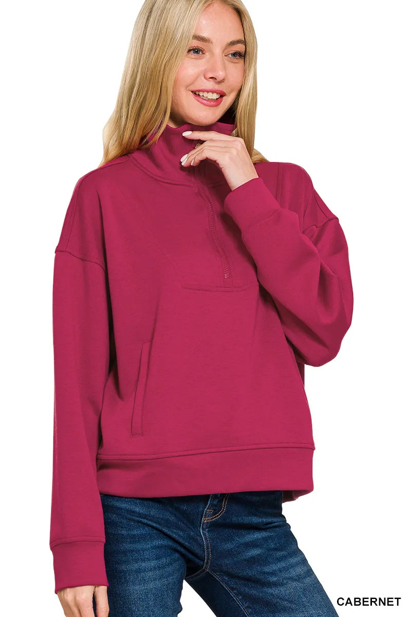 Zenana Cabernet Scuba Quarter-Zip Long Sleeve Sweatshirt