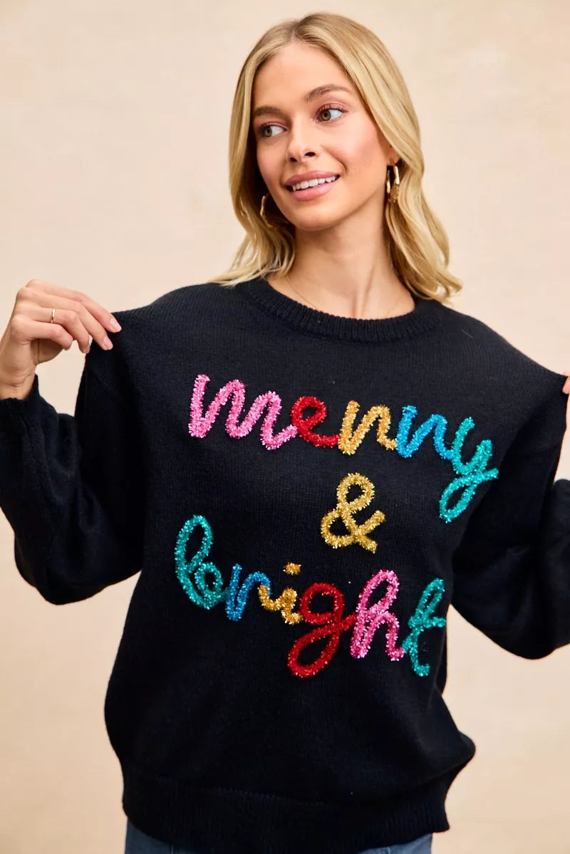 BiBi Black Tinsel Lettering Merry & Bright Christmas Sweater