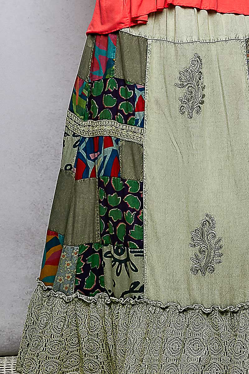 POL Sage Printed Patchwork Embroidered Ruffled Skirt