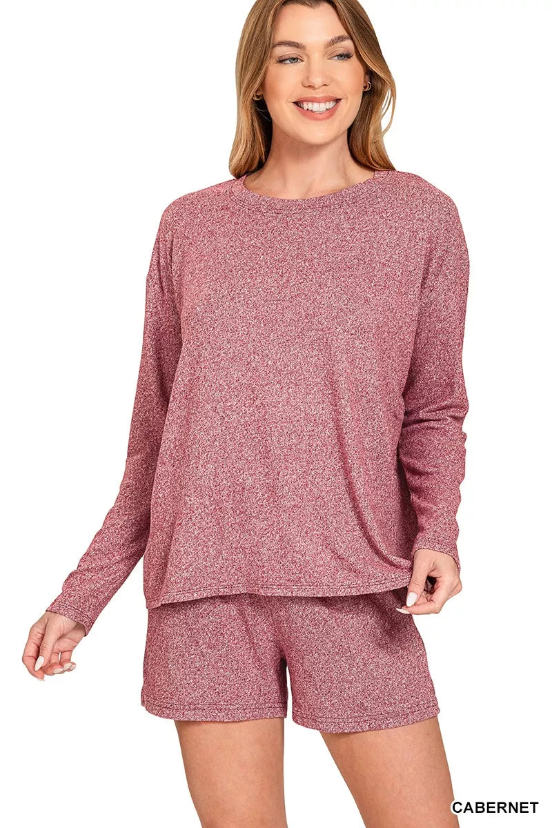 Zenana Cabernet Soft Melange Long Sleeve Tee and Shorts Set CABERNET