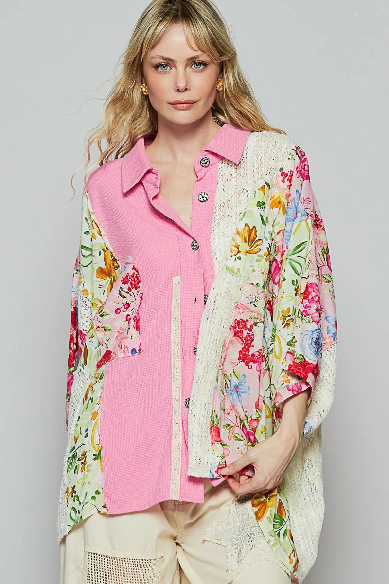 POL Candy Pink Thermal and Crochet Lace Mix Shirt with Floral Pattern CANDY PINK