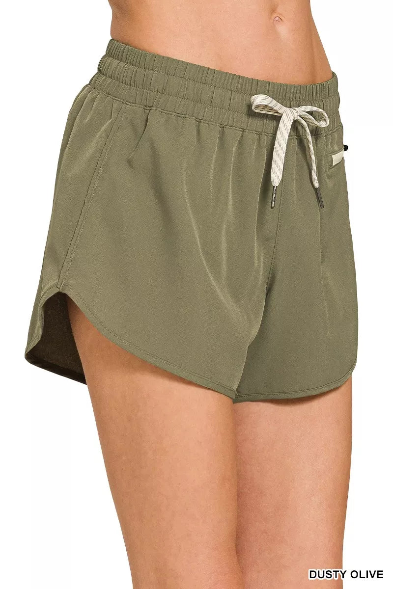 Zenana Dusty Olive Soft Woven Lined Shorts with Zip Coin Pocket
