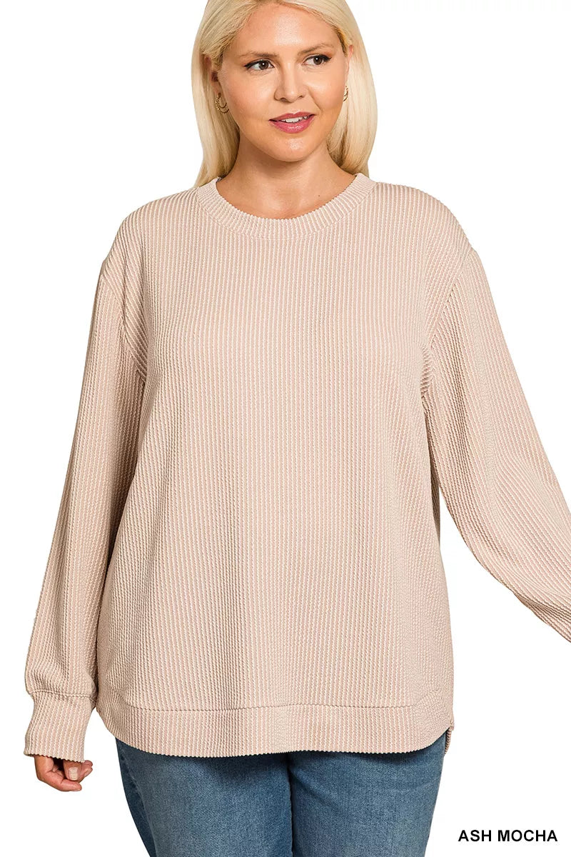 Zenana Ash Mocha Raised Rib Round Neck Long Sleeve Top