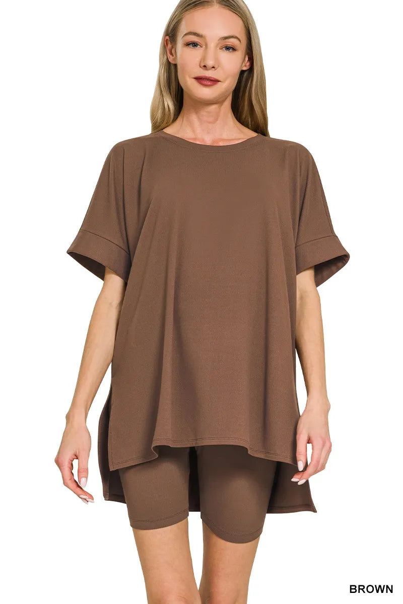 Zenana Brown Brushed Dty Microfiber Round Neck Top and Biker Shorts Set BROWN