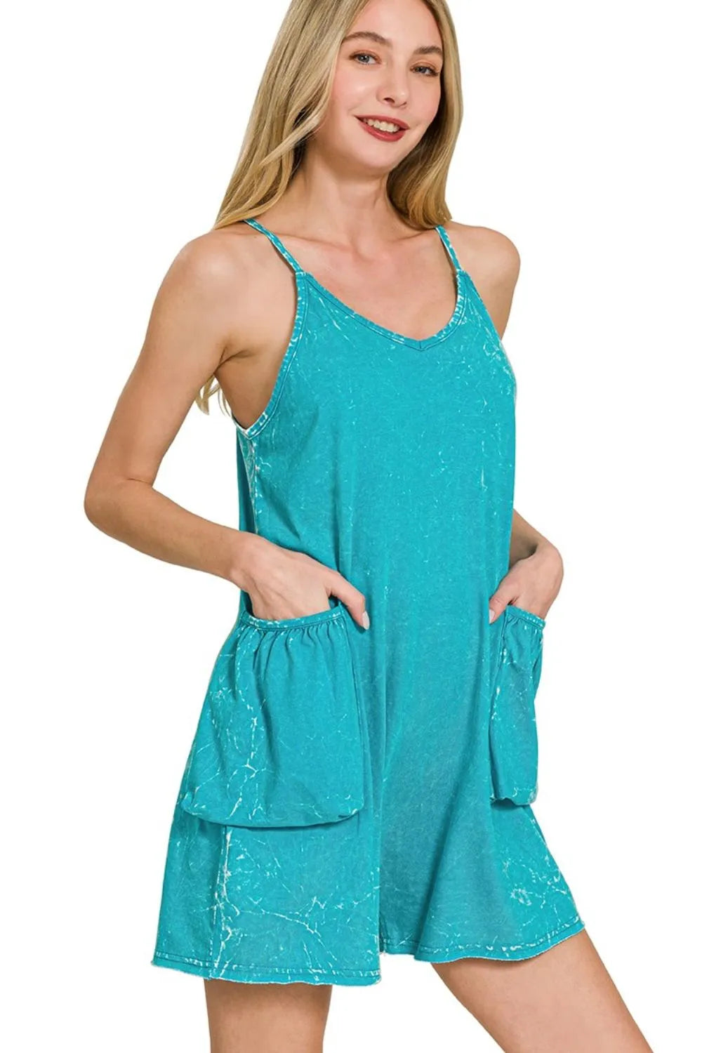 Zenana Light Teal Acid Crinkle Washed Spaghetti Strap Romper