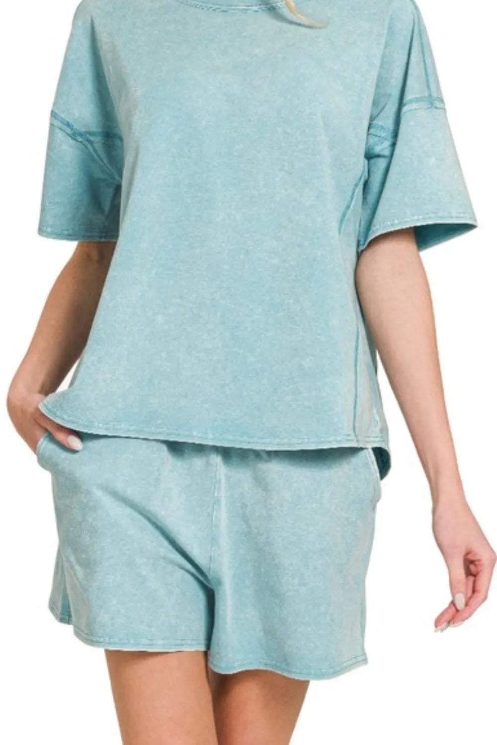 Zenana Dusty Teal Acid Washed Short Sleeve Tee & Shorts Set
