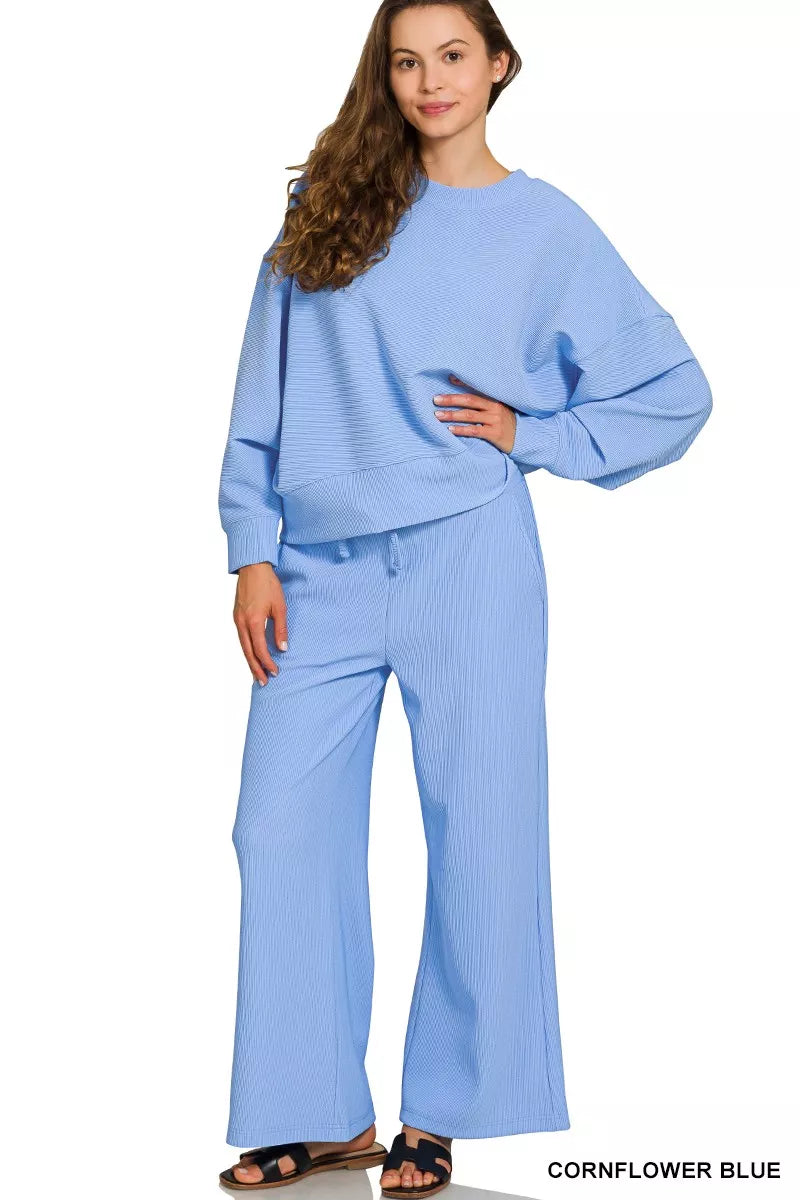 Zenana Cornflower Blue Ribbed Round Neck Pullover and Drawstring Pants Set